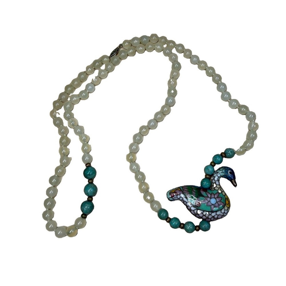 VTG Chinese jade? Cloisonne Brass Enamel Goodluck Goose Bird‎ Pendant Necklace - Picture 2 of 16